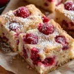 Delicious white chocolate raspberry blondies stacked on a plate.