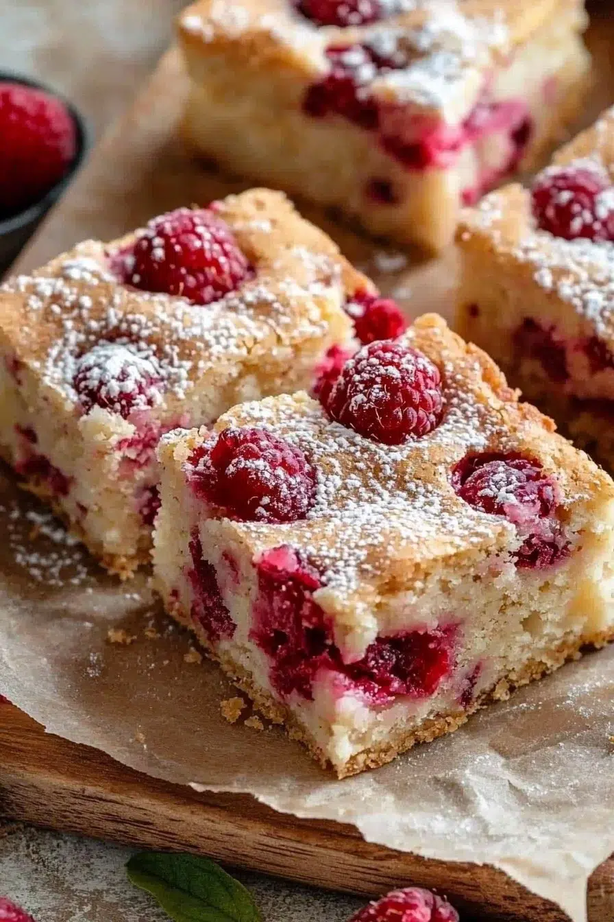 Delicious white chocolate raspberry blondies stacked on a plate.